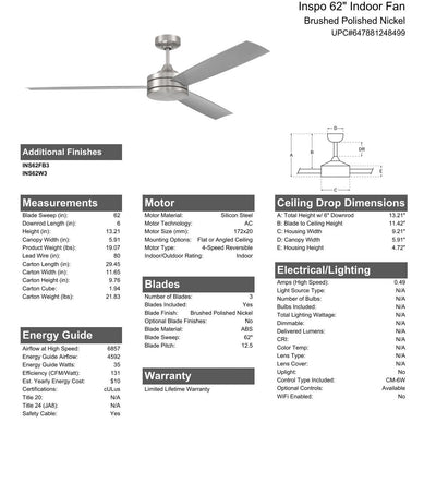 62" Inspo Indoor Fan in Brushed Polished Nickel w/ Brushed Nickel Blades