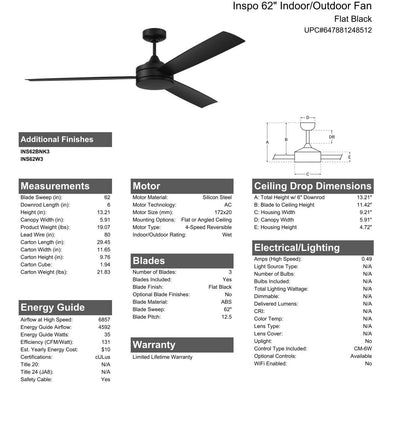 62" Inspo Indoor/Outdoor (Wet) in Flat Black w/ Flat Black Blades