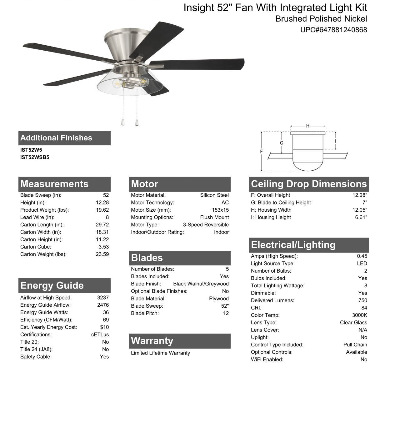 52" Insight Brushed Nickel Finish, Black Walnut/Greywood Blades, Integrated Light kit Included