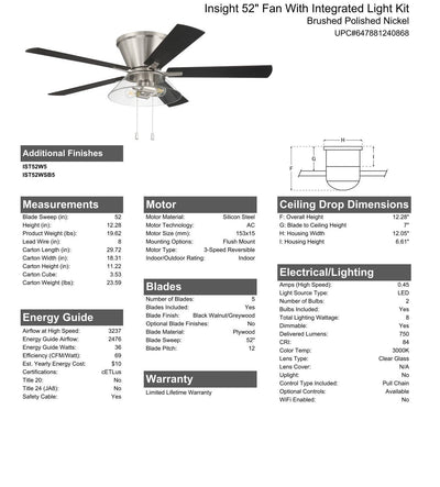 52" Insight Brushed Nickel Finish, Black Walnut/Greywood Blades, Integrated Light kit Included