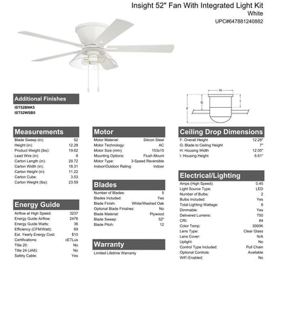 52" Insight White Finish, White/Washed Oak Blades, Integrated Light kit Included