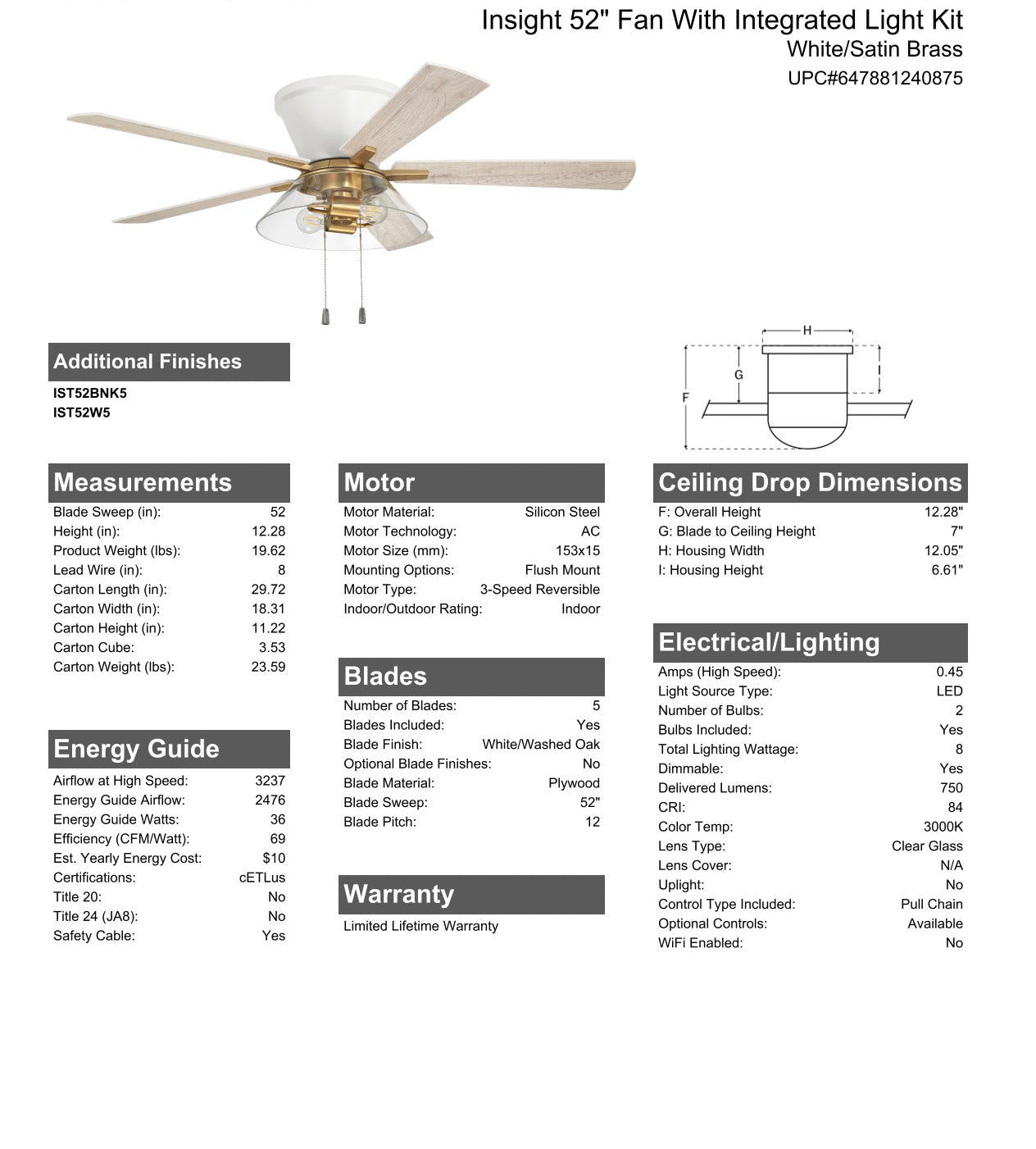 52" Insight White/SB Finish, White/Washed Oak Blades, Integrated Light kit Included