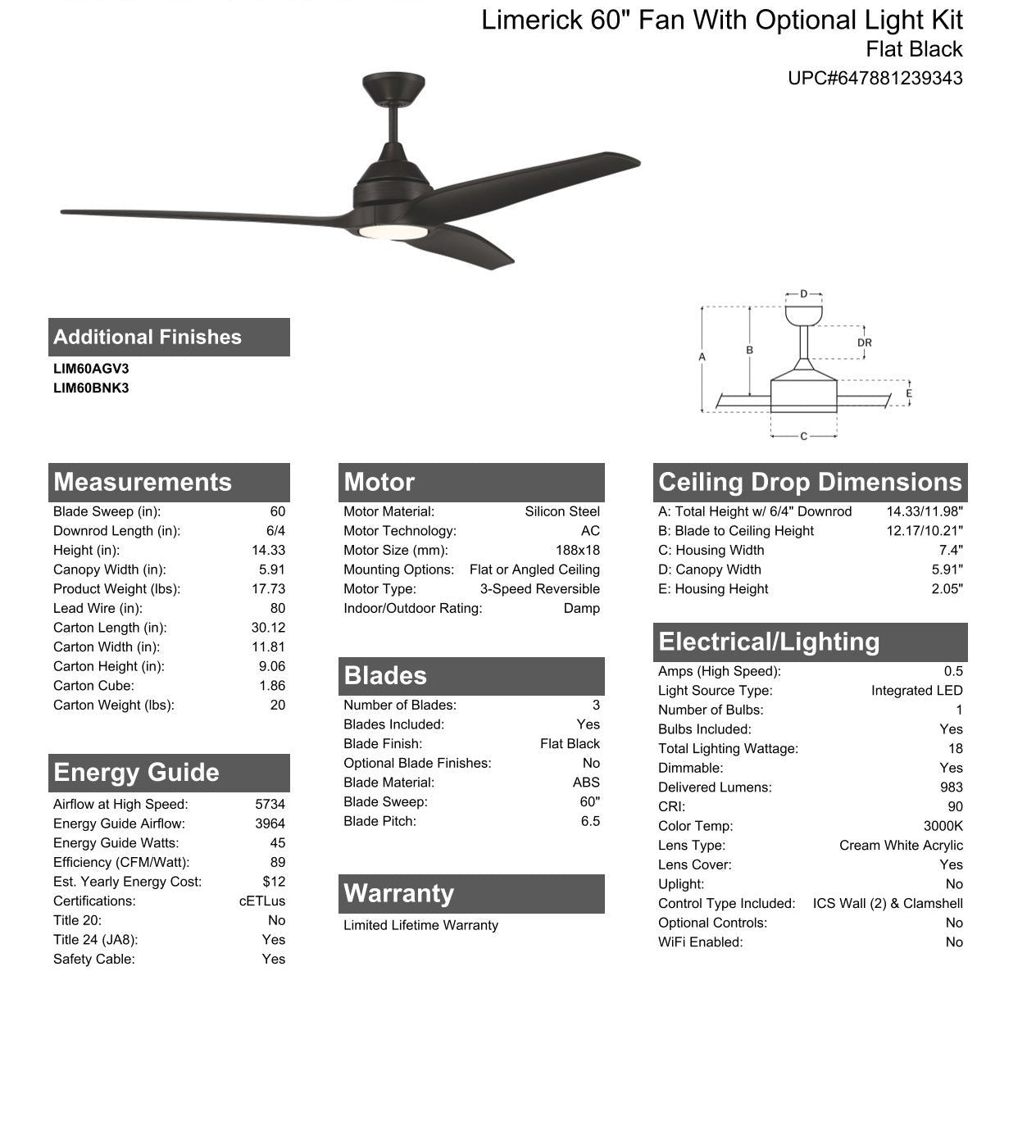 60" Limerick Indoor/Outdoor (Damp) in Flat Black w/ Flat Black Blades