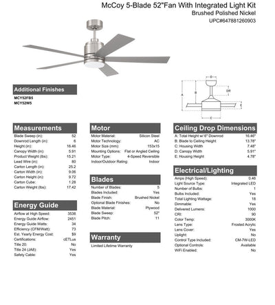 52" McCoy 5-Blade in Brushed Polished Nickel w/ Brushed Nickel Blades