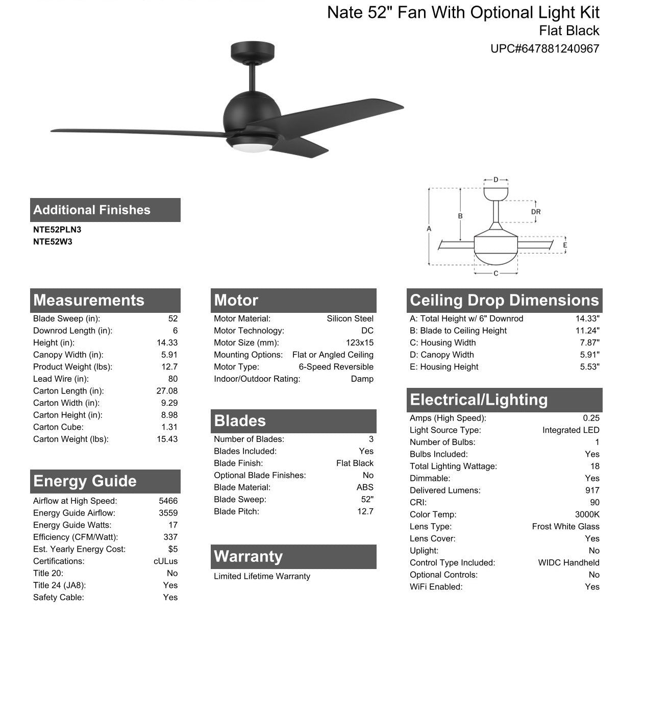 52" Nate in Flat Black Finish, Flat Black Blades, Light kit included (Optional), WiFi Control