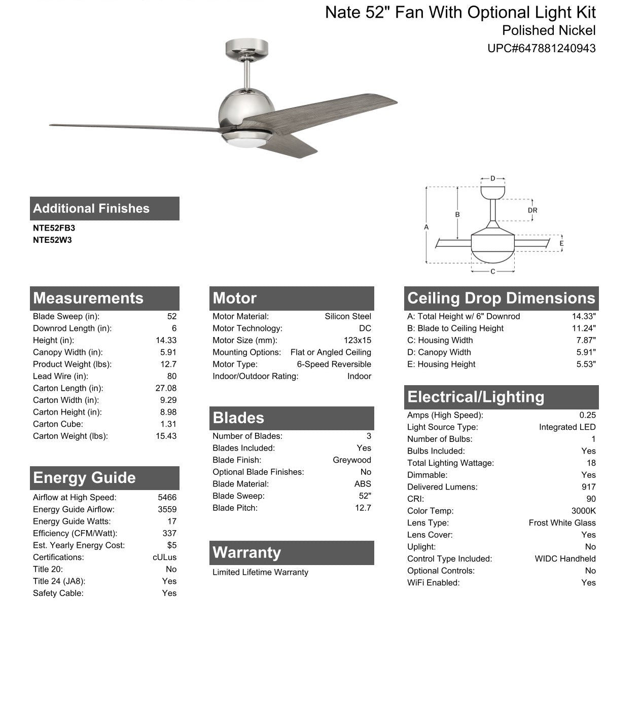 52" Nate in Polished Nickel Finish, Greywood Blades, Light kit included (Optional), WiFi Control