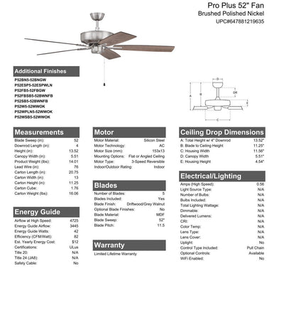 52" Pro Plus Fan in Brushed Polished Nickel w/ Driftwood/Grey Walnut Blades