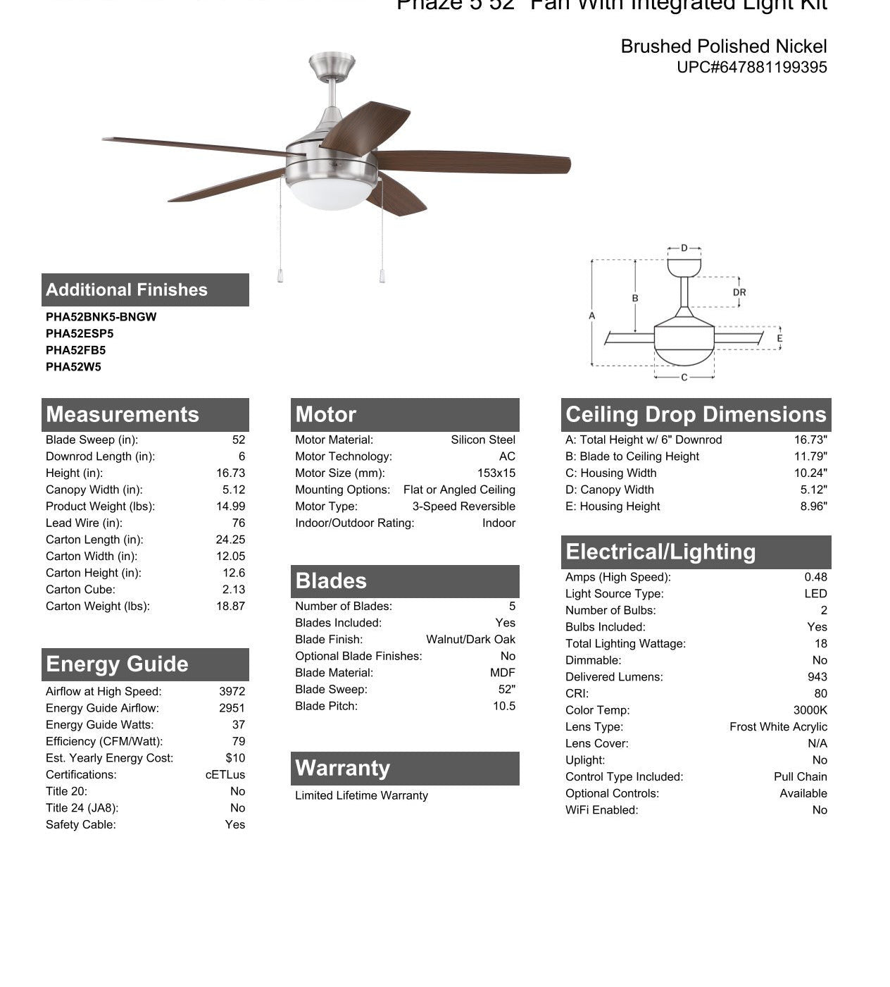 52" Phaze 5 in Brushed Polished Nickel w/ Walnut/Dark Oak Blades