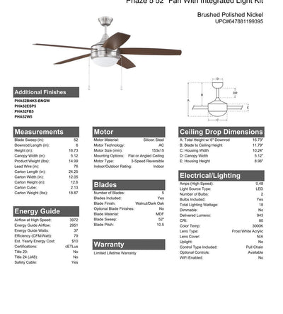 52" Phaze 5 in Brushed Polished Nickel w/ Walnut/Dark Oak Blades