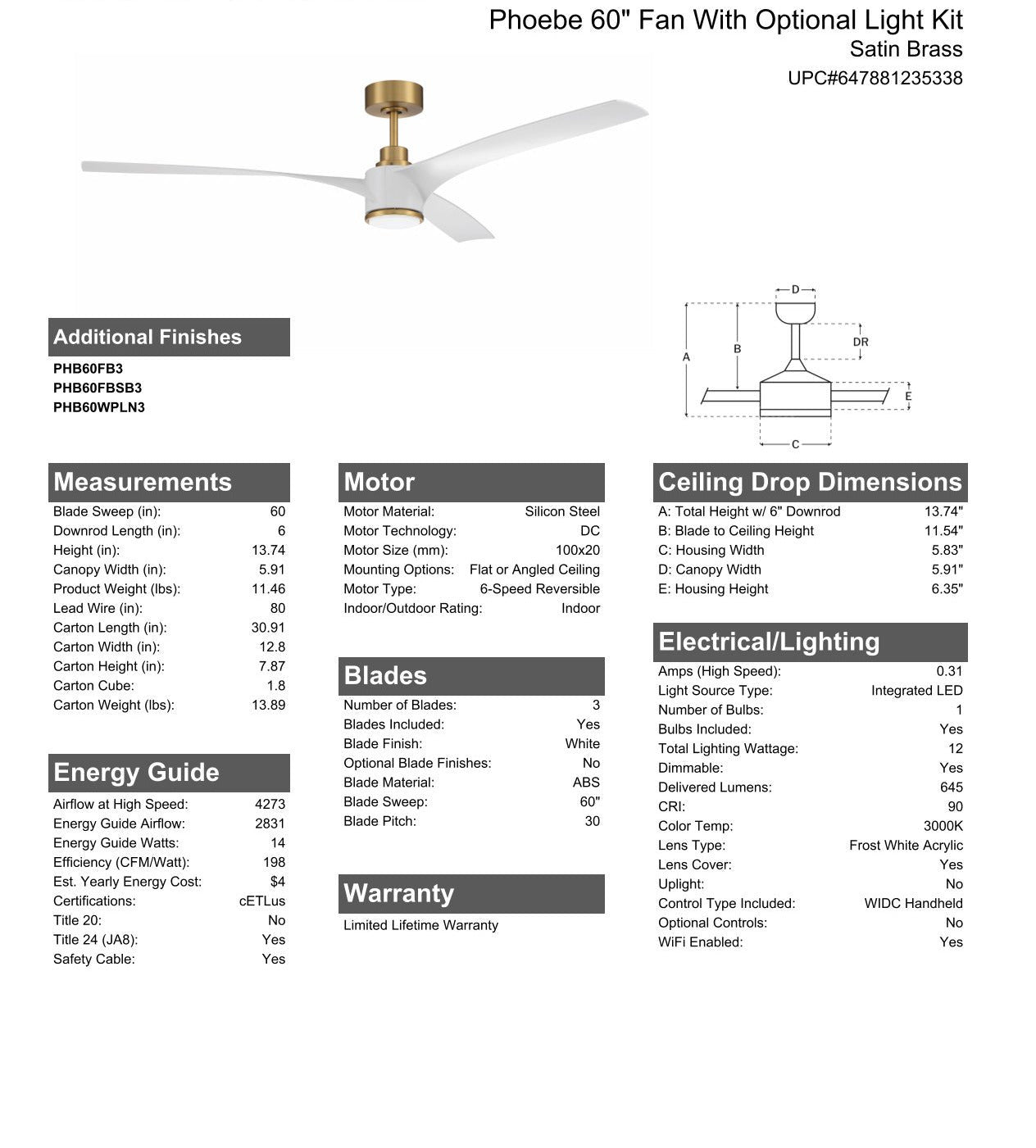 60" Phoebe in Satin Brass w/ White Blades