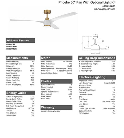 60" Phoebe in Satin Brass w/ White Blades