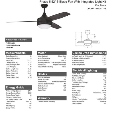 52" Phaze II 3-Blade in Flat Black w/ Flat Black/Greywood Blades