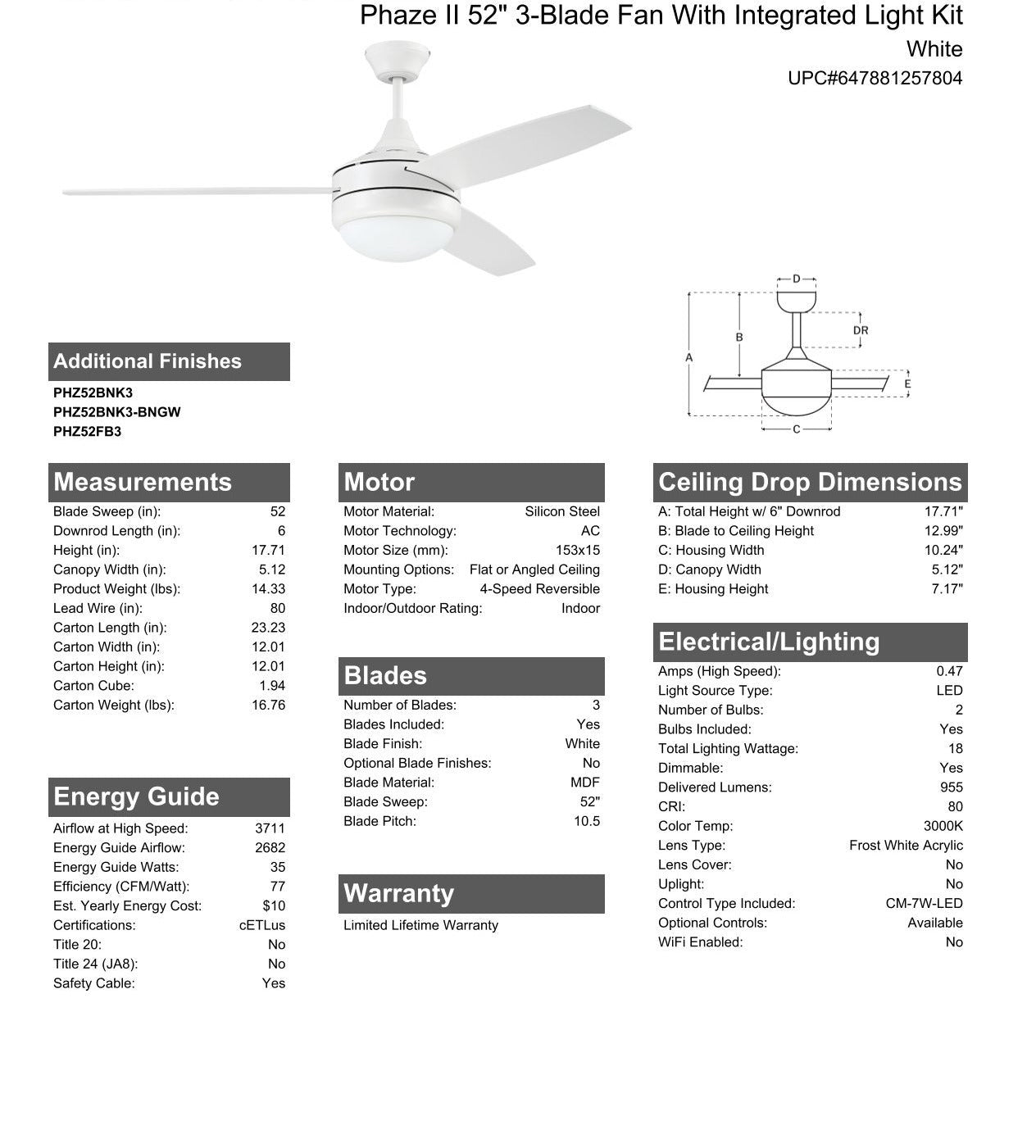 52" Phaze II 3-Blade in White w/ White Blades