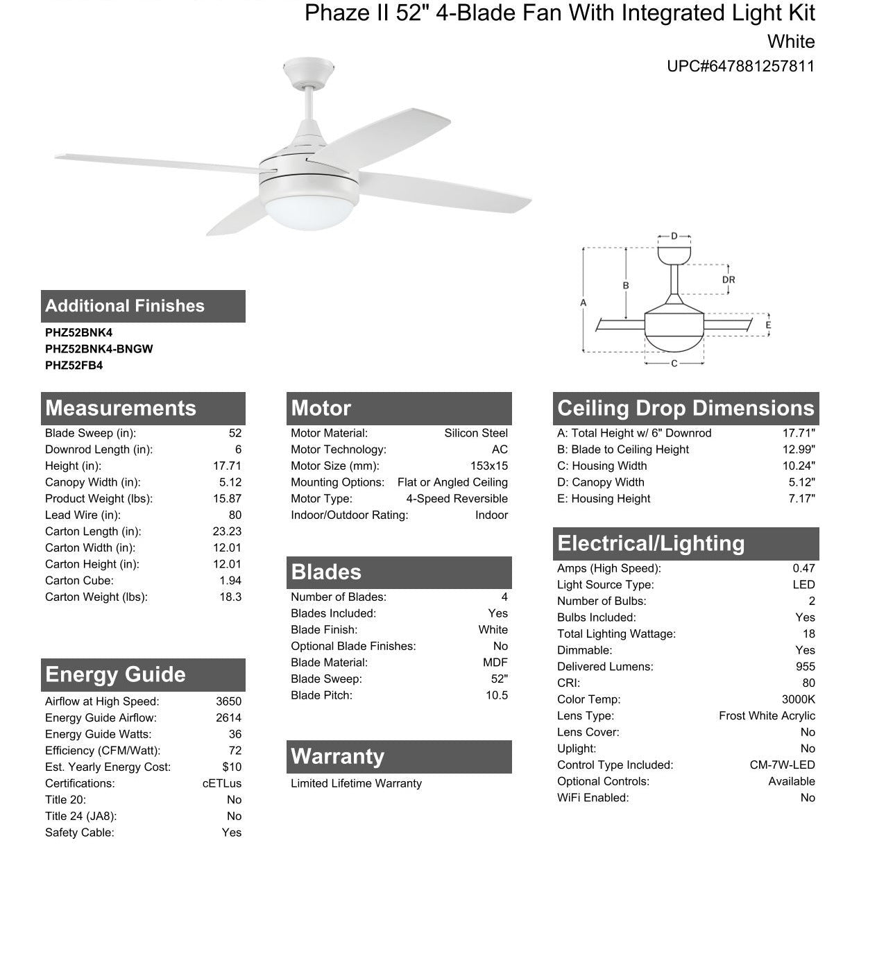 52" Phaze II 4-Blade in White w/ White Blades