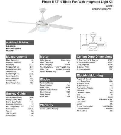 52" Phaze II 4-Blade in White w/ White Blades