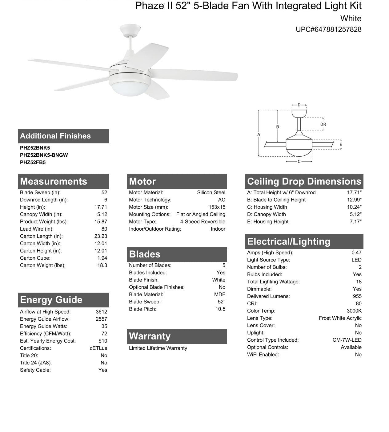 52" Phaze II 5-Blade in White w/ White Blades