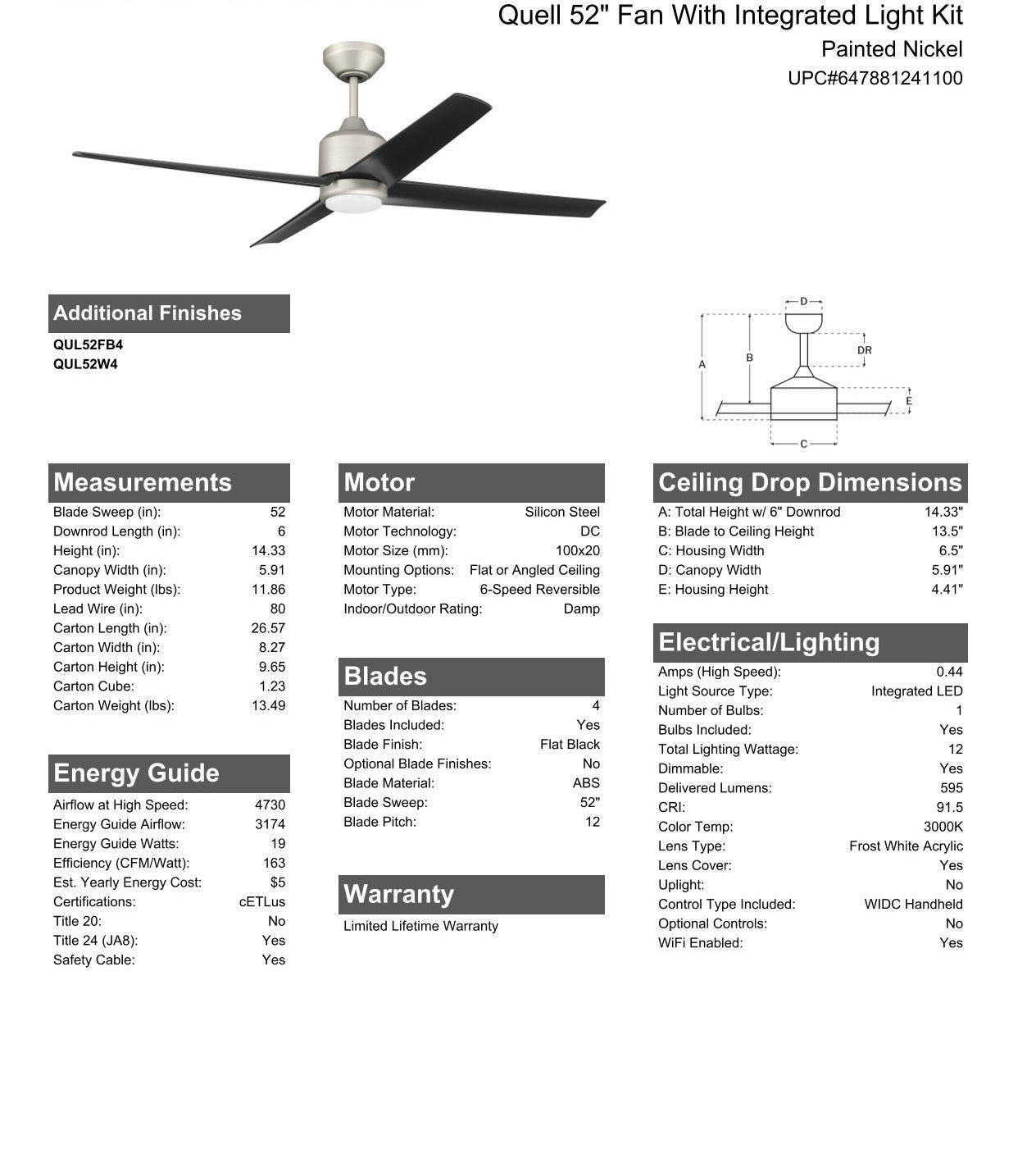 52" Quell Fan, Painted Nickel Finish, Flat Black Blades. LED Light, WIFI and Control Included