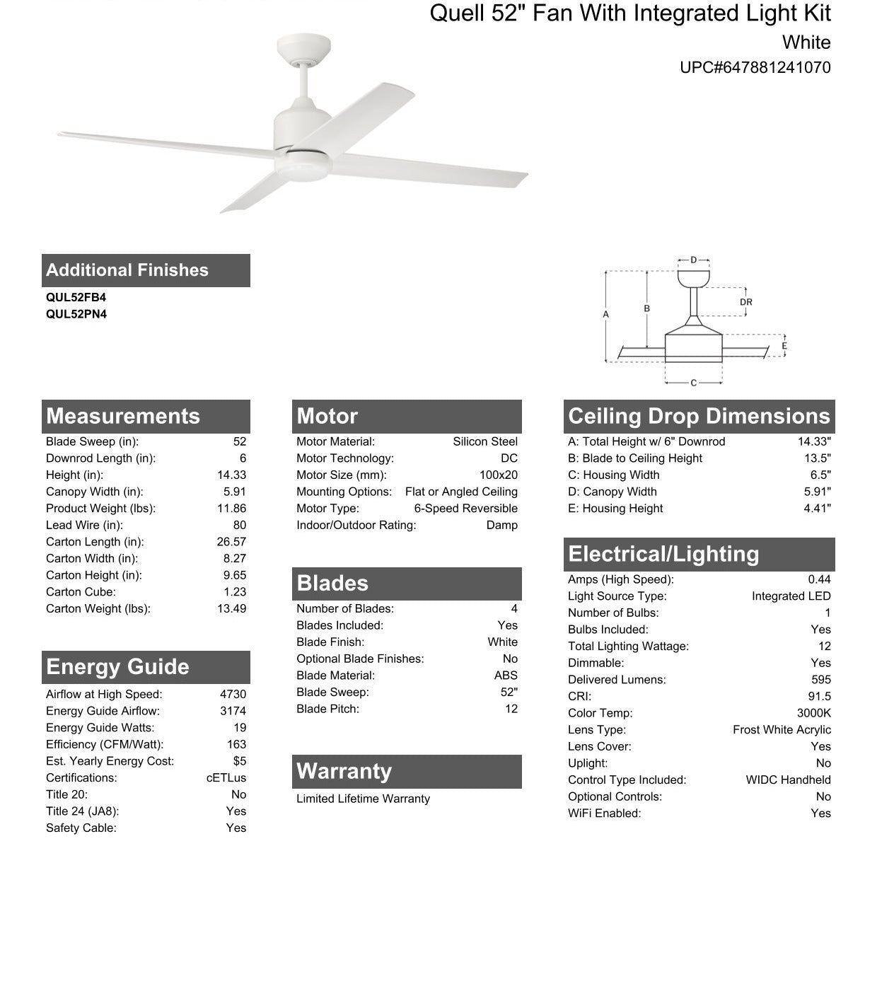 52" Quell Fan, White Finish, White Blades. LED Light, WIFI and Control Included