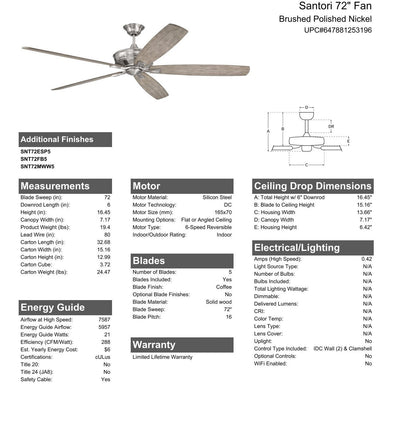 72" Santori in Brushed Polished Nickel w/ Coffee Blades