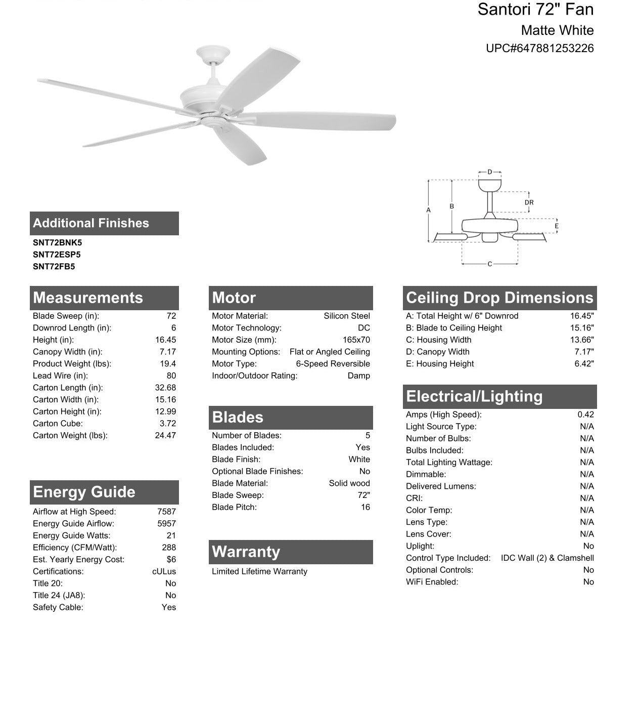 72" Santori Indoor/Outdoor (Damp) in Matte White w/ White Blades