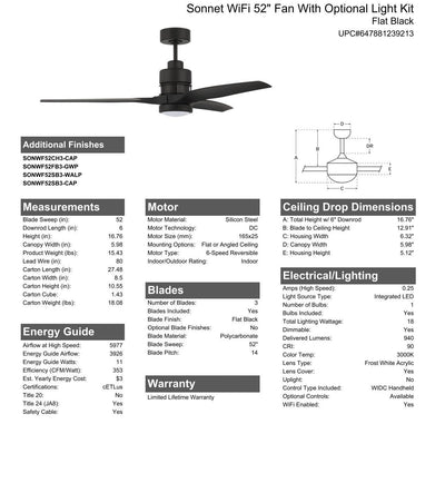 52" Sonnet WiFi in Flat Black  w/ Flat Black Blades