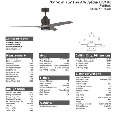 52" Sonnet WiFi in Flat Black  w/ Greywood Blades