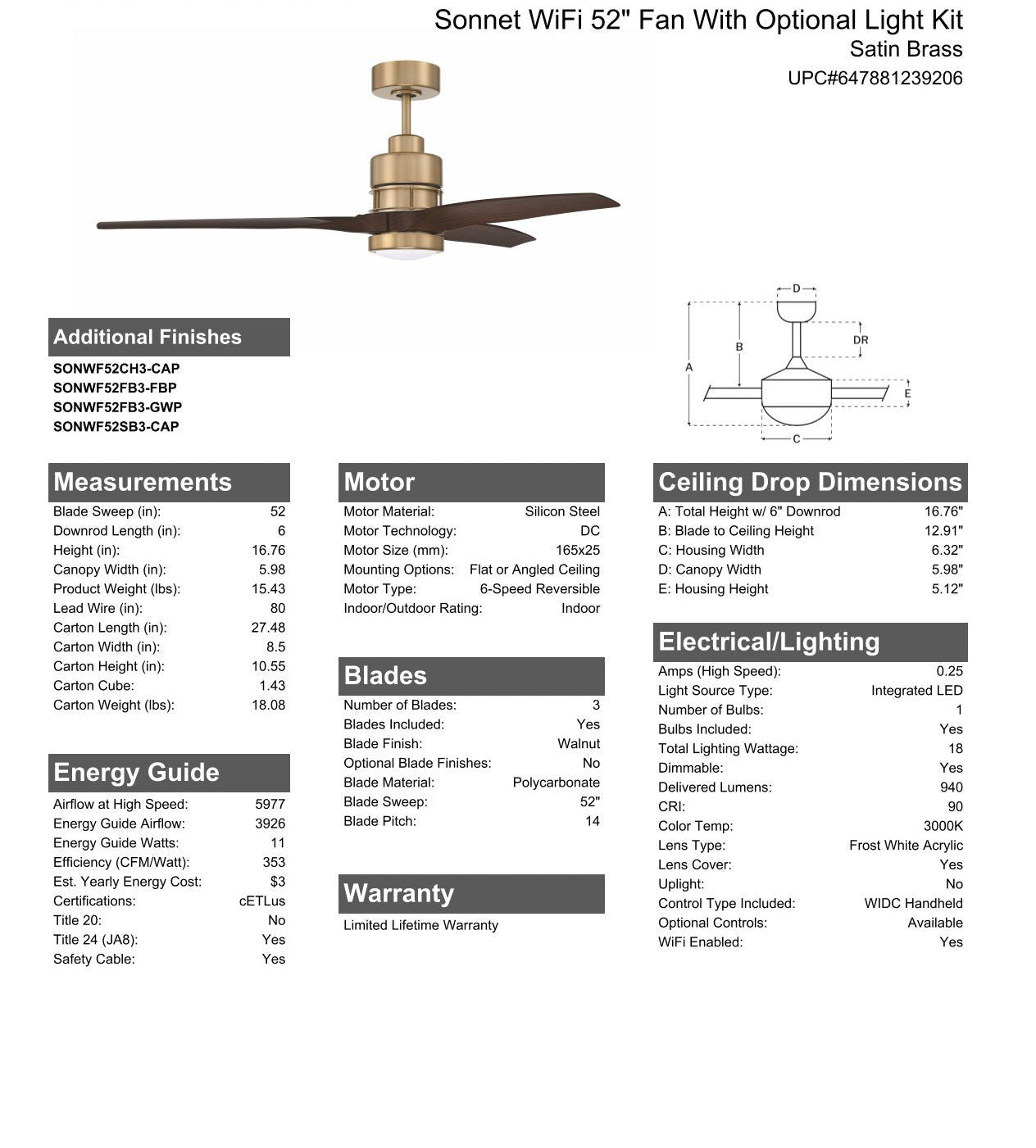 52" Sonnet WiFi in Satin Brass w/ Walnut Blades