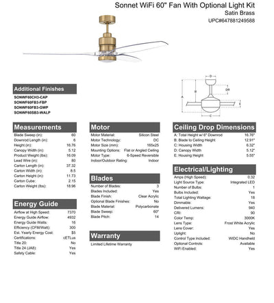 60" Sonnet WiFi in Satin Brass w/ Clear Acrylic Blades