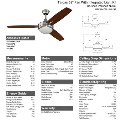 52" Targas in Brushed Polished Nickel w/ Dark Oak/Walnut Blades