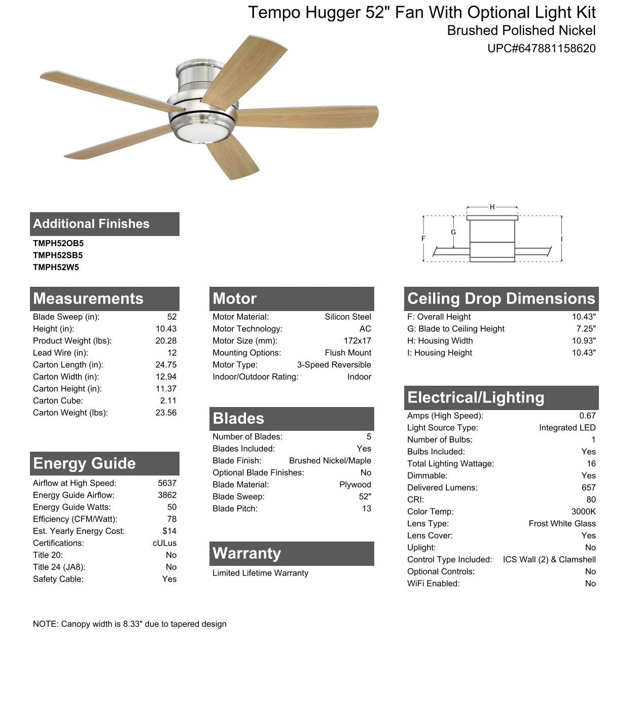 52" Tempo Hugger in Brushed Polished Nickel w/ Brushed Nickel/Maple Blades