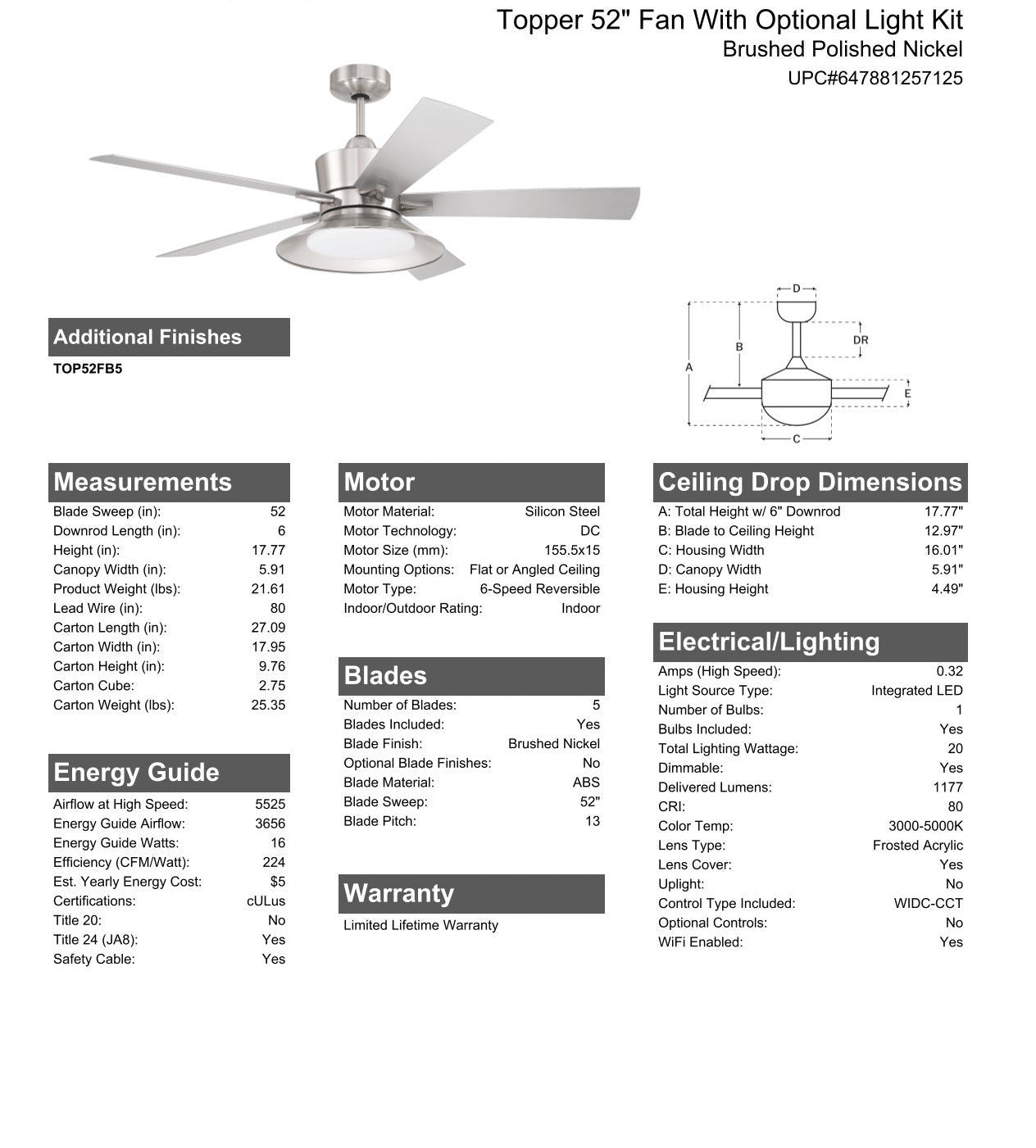 52" Topper in Brushed Polished Nickel w/ Brushed Nickel Blades