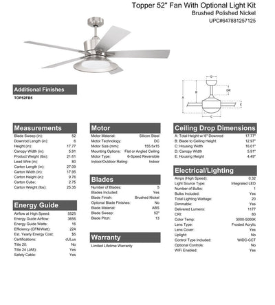 52" Topper in Brushed Polished Nickel w/ Brushed Nickel Blades