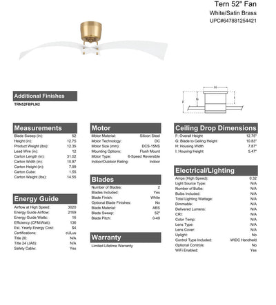 52" Tern in White/Satin Brass w/ White Blades