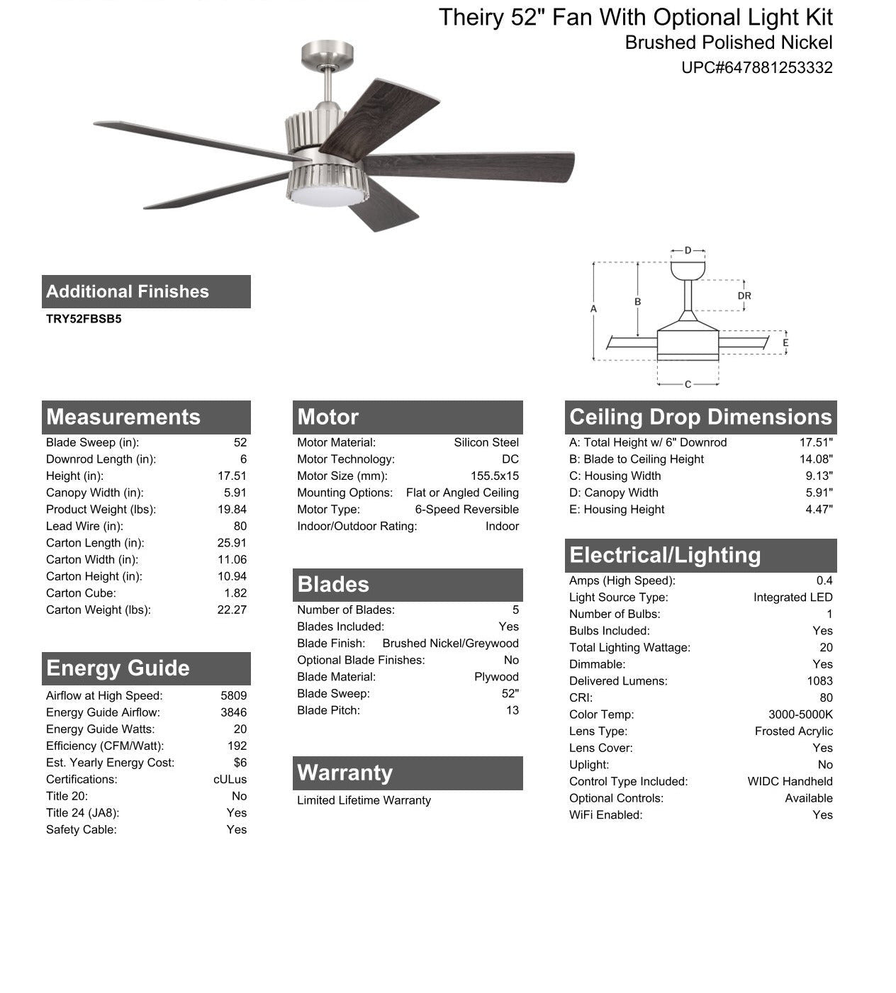 52" Theiry in Brushed Polished Nickel w/ Brushed Nickel/Greywood Blades