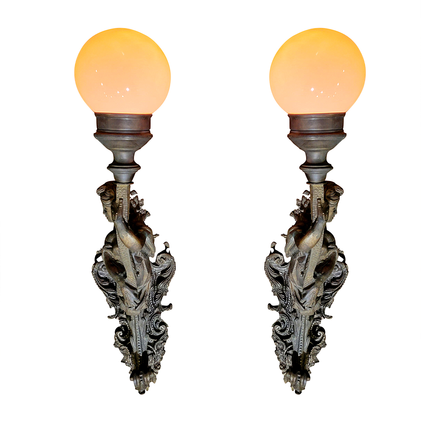 ##Antique Hardware## 28 Inch Tall Pair Bronzed Heavy Sconces (Left/Right) with Shades