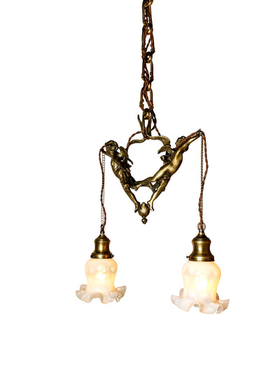 ##Antique Hardware## 22 Inch Handmade Antique Cherub Two-Light Chandelier With Brass Chain