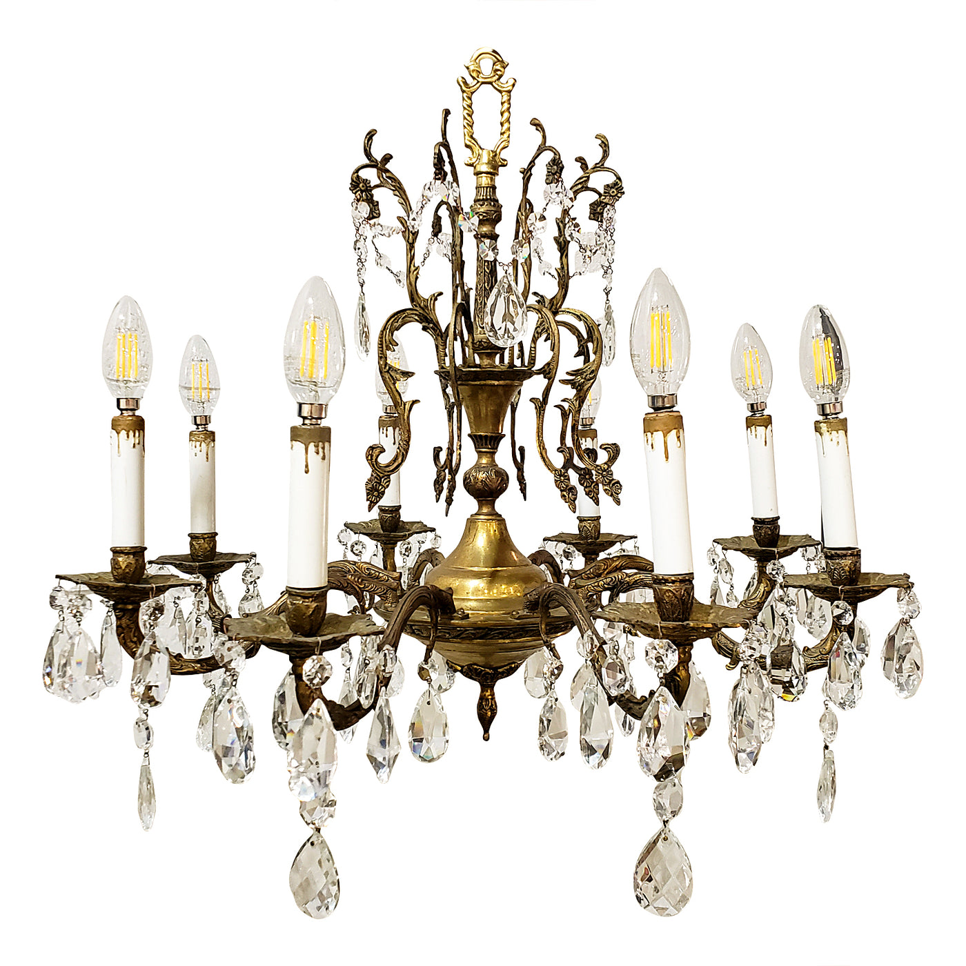 ##Antique Hardware## Exquisite Antique Spanish Brass 8 Arm Chandelier & Crystal Prisms