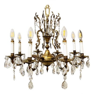 ##Antique Hardware## Exquisite Antique Spanish Brass 8 Arm Chandelier & Crystal Prisms