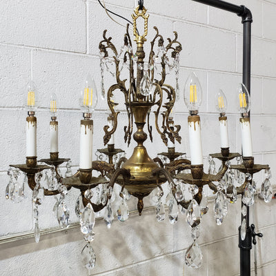 ##Antique Hardware## Exquisite Antique Spanish Brass 8 Arm Chandelier & Crystal Prisms