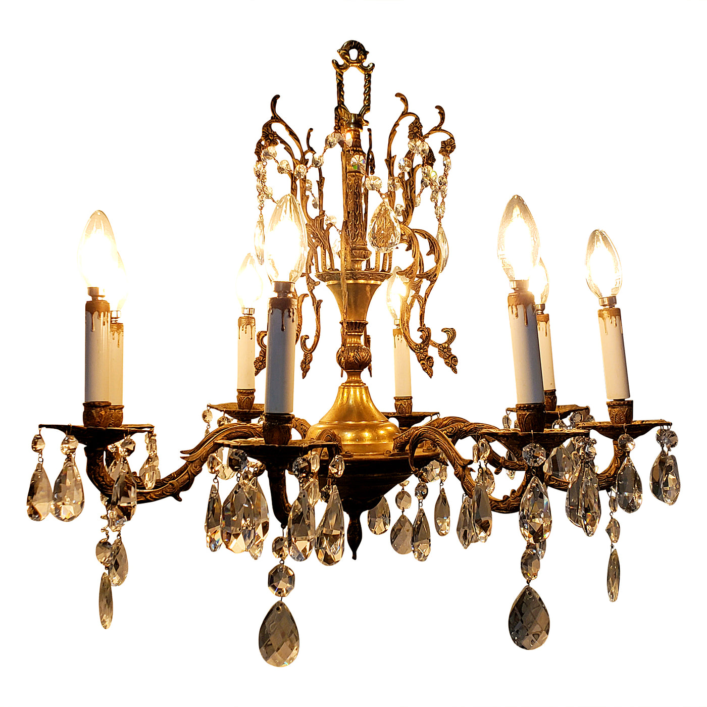 ##Antique Hardware## Exquisite Antique Spanish Brass 8 Arm Chandelier & Crystal Prisms