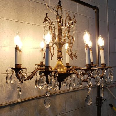 ##Antique Hardware## Exquisite Antique Spanish Brass 8 Arm Chandelier & Crystal Prisms