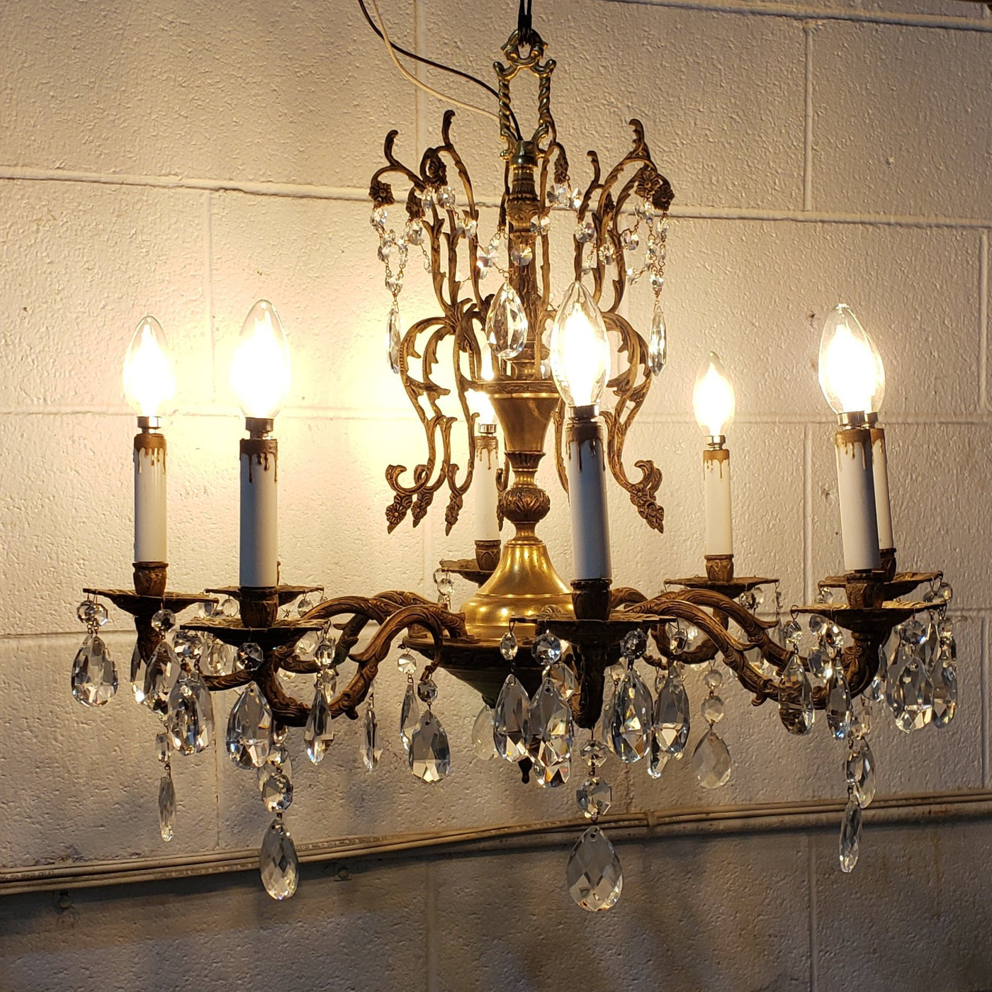 ##Antique Hardware## Exquisite Antique Spanish Brass 8 Arm Chandelier & Crystal Prisms