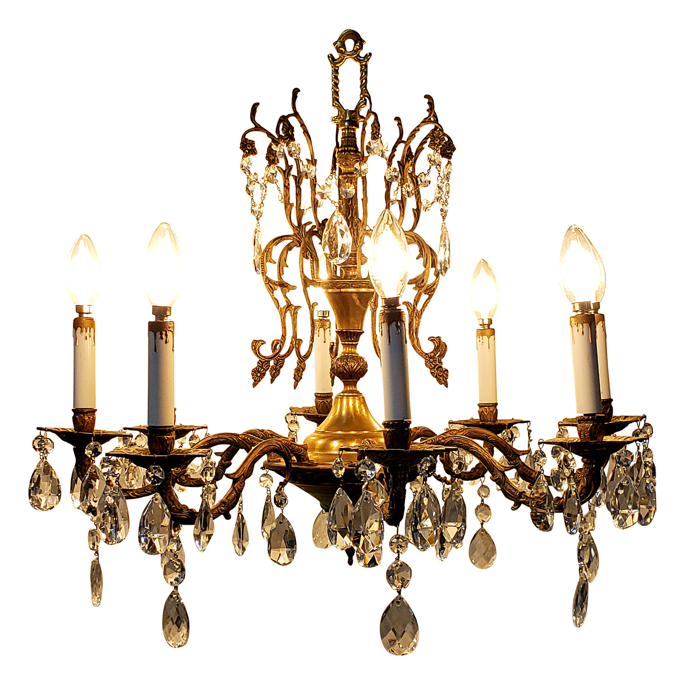 ##Antique Hardware## Exquisite Antique Spanish Brass 8 Arm Chandelier & Crystal Prisms