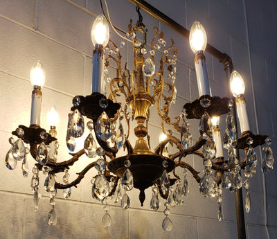 ##Antique Hardware## Exquisite Antique Spanish Brass 8 Arm Chandelier & Crystal Prisms