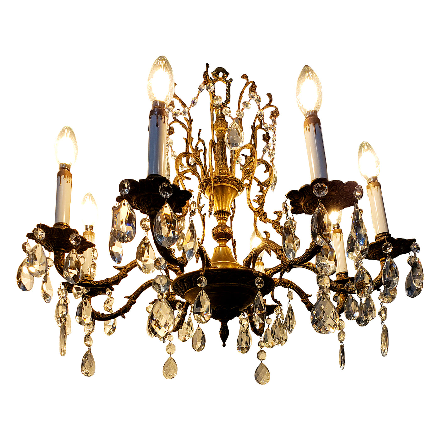 ##Antique Hardware## Exquisite Antique Spanish Brass 8 Arm Chandelier & Crystal Prisms