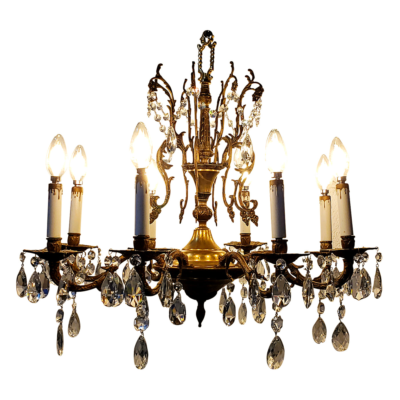 ##Antique Hardware## Exquisite Antique Spanish Brass 8 Arm Chandelier & Crystal Prisms