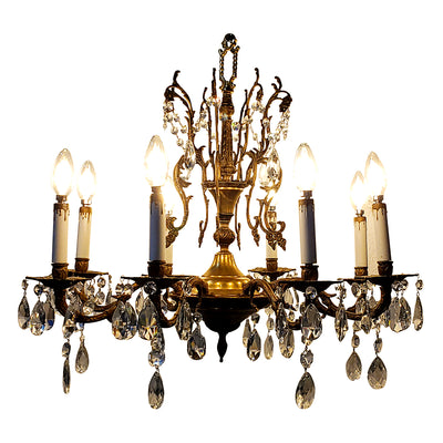 ##Antique Hardware## Exquisite Antique Spanish Brass 8 Arm Chandelier & Crystal Prisms