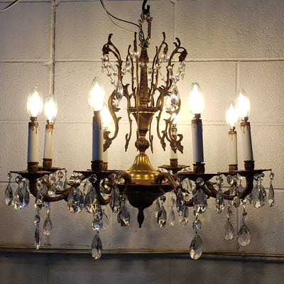 ##Antique Hardware## Exquisite Antique Spanish Brass 8 Arm Chandelier & Crystal Prisms