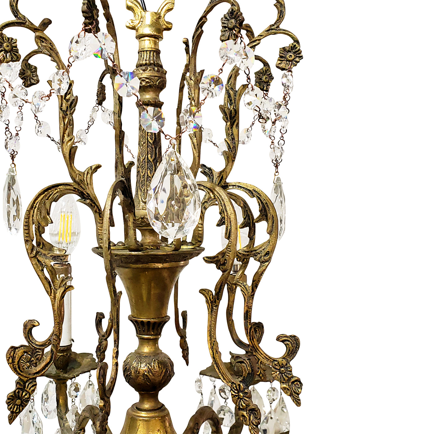 ##Antique Hardware## Exquisite Antique Spanish Brass 8 Arm Chandelier & Crystal Prisms