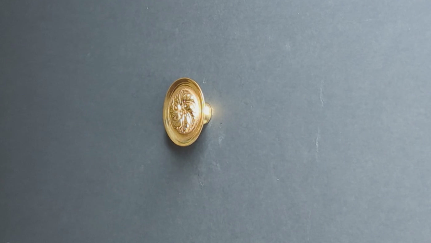 1 4/5 Inch Solid Brass Round Floral Print Leaf Cabinet & Furniture Knob